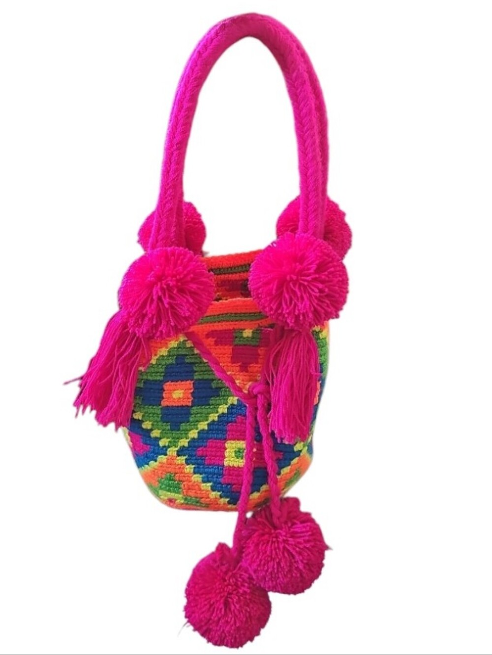 Wayuu Style Crochet Bucket Handbag Neon Pink Boho Festival Pom Pom Purse